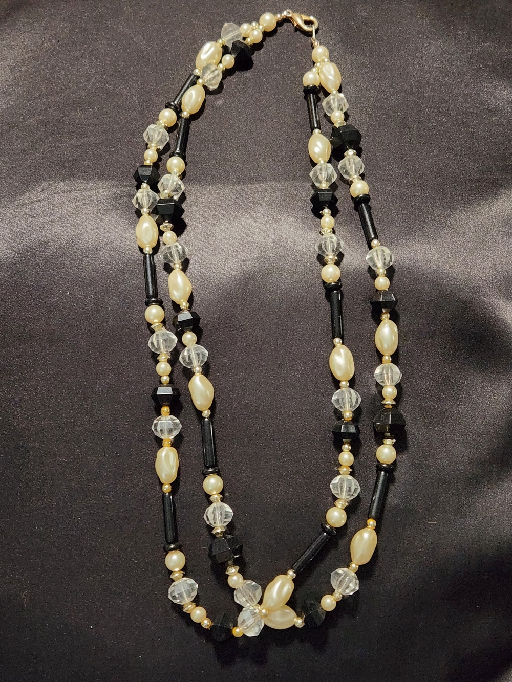 Pearl and Black Bead Double-Strand Necklace